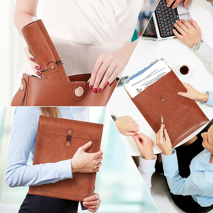 Brown PU Leather File Folders for Documents,Important Private File Organizer with String Tie Closure,Laptop Sleeve Notebook Case,Leather Portfolio Binder Envelopes,Letter Size Filing Folder 1PC