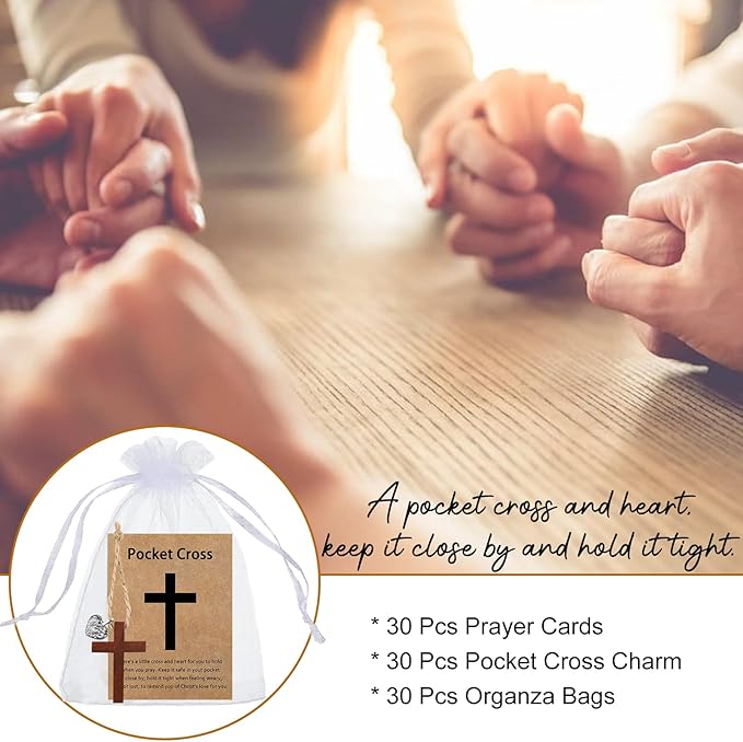 Bulk 30 Pocket Cross Cards Christian Gifts, Wooden Pocket Cross Charm Christian Religious Gifts Small Faith Based Comfort Baptism Gift Inspirational Gifts for Women Men(Hollow Out Heart)