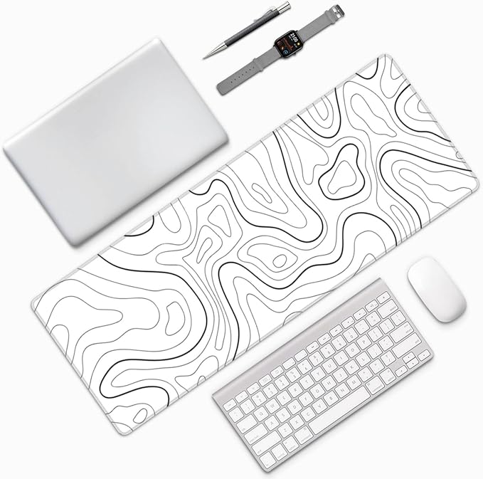 Extended Gaming Mouse Pad, Large Gaming Mouse Waterproof with Stitched Edges, Non-Slip Desktop Pad for Home and Office, Level Up Your 31.5x11.8 Inch… (White Topographic)