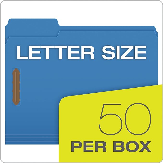 Pendaflex Fastener Folders, 2 Fasteners, Letter Size, Blue, 1/3 Cut Tabs in Left, Right, Center Positions, 50 per Box (22040GW)