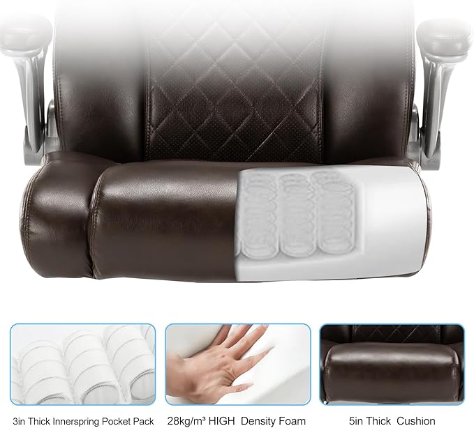 Executive Office Chair Desk Swivel Chair High Back Computer Chair - Adjustable Lumbar Support with Flip-Up Arms PU Leather Chair with Spring Cushion (Brown)