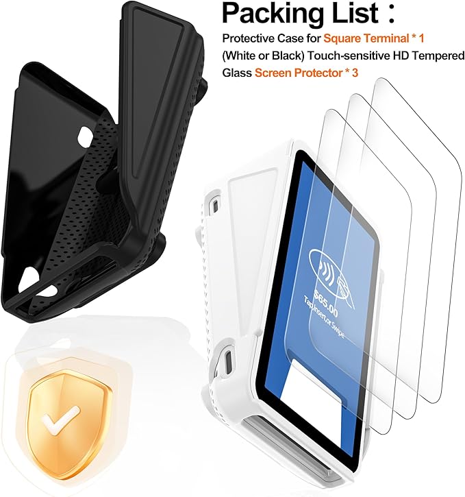 Kailfee Protective Case and 3pc HD Screen Protector for Square Terminal, Plastic Protective Hard Case Anti-Slip Grip Design, Anti-Scratch Tempered Glass Screen Protector(White)