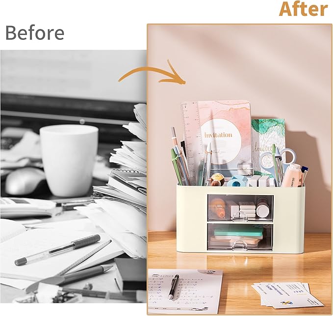 Marbrasse Pen Organizer with 2 Drawer, Multi-Functional Pencil Holder for Desk, Desk Organizers and Accessories with 5 Compartments + Drawer for Office Art Supplies (Beige)