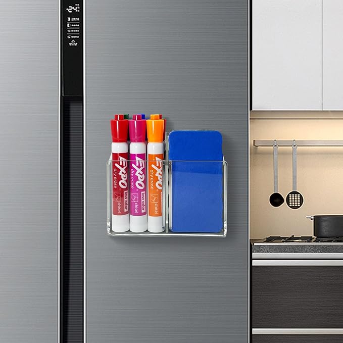 Magnetic Dry Erase Marker Holder, Acrylic Magnetic Pen Holder for Fridge, Magnetic Marker Holder for Whiteboard, 2 Compartments Whiteboard Marker Holder for Office, Home, Locker(Clear)