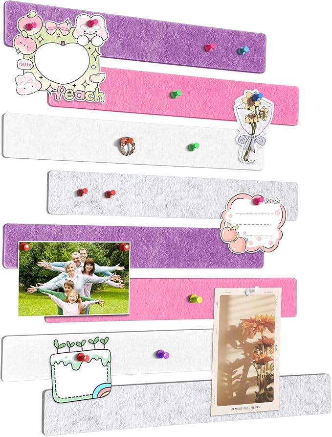 Cork Board for Walls - 8 Pack Felt Pin Board Bar Strips - Self-Adhesive Lightweight Bulletin Board - Cork Board for Office with 40 Push Pins No Damage for Wall