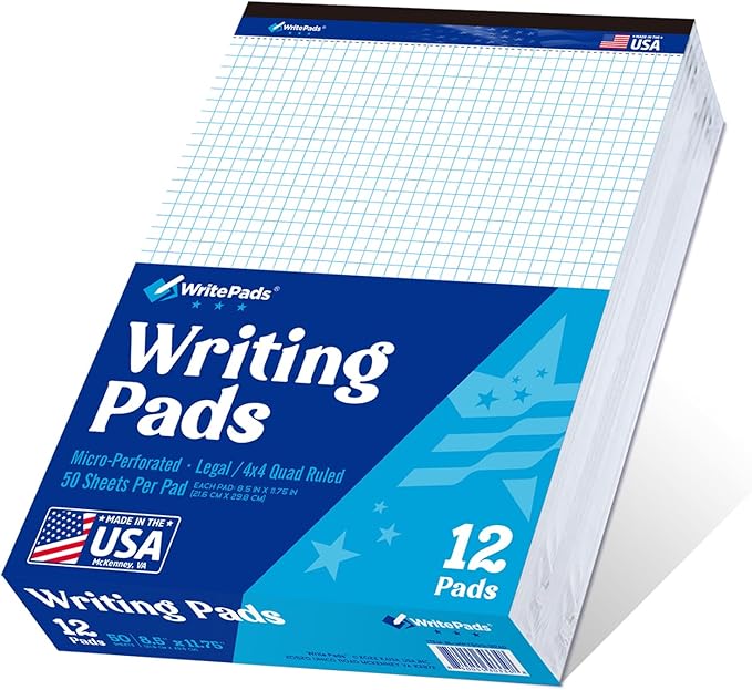 KAISA Legal Pad Quad Ruled Note Pads, Graph Ruled 8.5x11 inch Legal Pad, Quad (4x4) Paper Writing Pads, White 12 pads, BL-MWT50Q-12, Made In The USA.