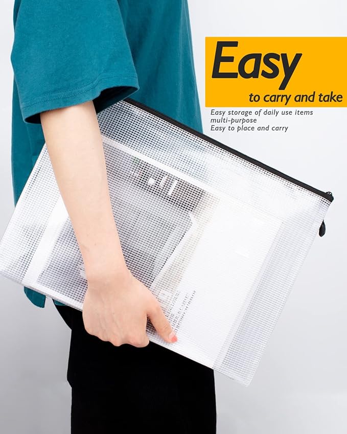 SUNEE Plastic Mesh Zipper Pouch 9x13 in (Black, 12 Packs),Extra Large Water-Resistant Zip Bag for School Office Supplies, Puzzles & Games Organizing Storage