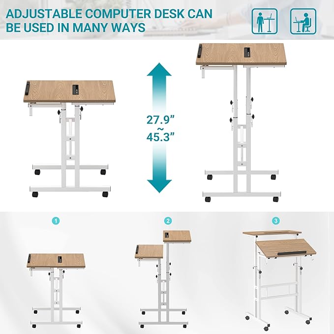 Klvied Stand Up Desk on Wheels, Portable Computer Desk for Home Office,Rolling Desk for Laptop with Removable Cup Holder, Adjustable Laptop Cart for Standing or Sitting,Khaki