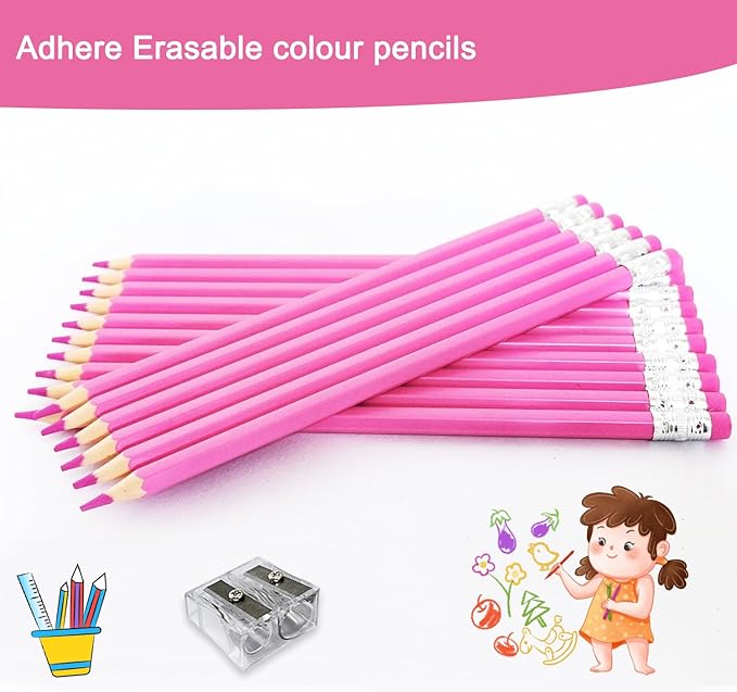 Adhere 25pcs Checking Pencils Erasable colored Pencils Pre-Sharpened #2 HB,for Checking Tests Grading Map Coloring,school Correcting,editing Office Favors,including a Free sharpener.(Pink)