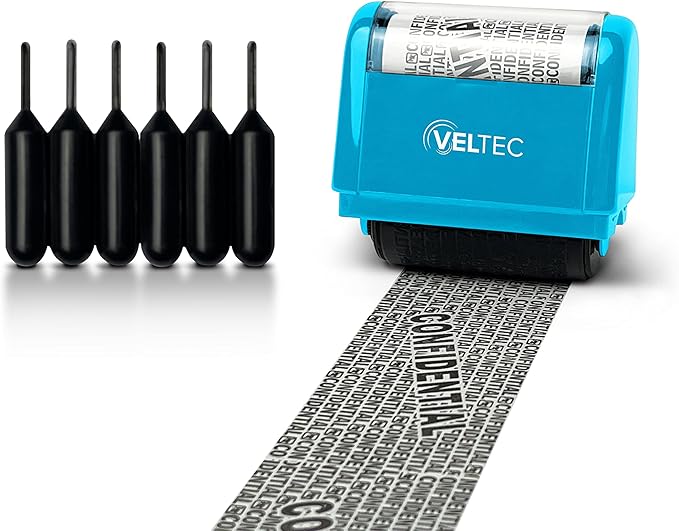 Veltec ID Protector Ink Roller - Identity Theft Protection Roller Stamp Set (Blue, Stamp+6 Refills)