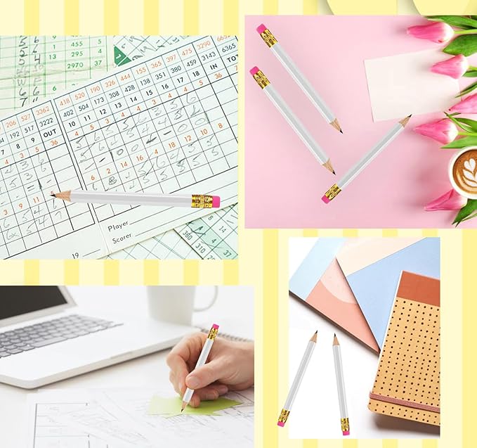 Adhere 50pcs Golf Pencils with Eraser Round Wooden half Pencils Graphite 2B for Golf Event Scoring, Classroom, Wedding, Pew, Pocket | Free Pencil Sharpener (White)