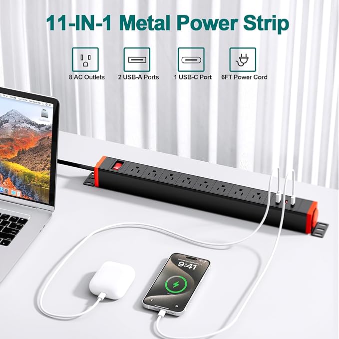 QBA 8 Outlet Heavy Duty Power Strip with USB Ports, Rack Mount Surge Protector with 360° Rotating Brackets, USB C PD 20W, Wall Mount Power Strip for Home Office Garage Workshop