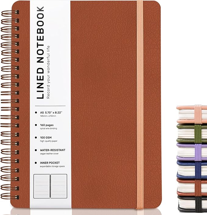 ABERLLS Brown Lined Spiral Journal Notebook with 160 Pages, 8×5.7in, A5 Spiral Notebook, Journaling Notebooks for Work, School, Women, Men, College Ruled Spiral Notebook, Hardcover Leather Journals