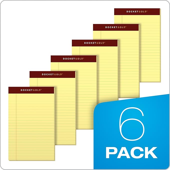 TOPS Docket Gold Writing Pads, 5" x 8", Jr. Legal Rule, Canary Paper, 50 Sheets, 6 Pack (99704)