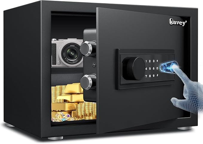 Kavey 0.8 Cub Safe Box, Biometric Safe with Backlit Touch Screen Keyapd and Fingerprint Lock, Home Safe with Dual Alarm System and Mute Function, Small Safe Box for Money Documents Valuables, K-25W