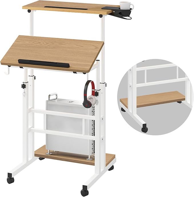 Klvied Mobile Standing Desk with Storage Bottom Shelf, Portable Stand Up Desk with Cup Holder, Adjustable Height Small Standing Desk, Rolling Desk with Wheels, Home Office Laptop Cart, Khaki
