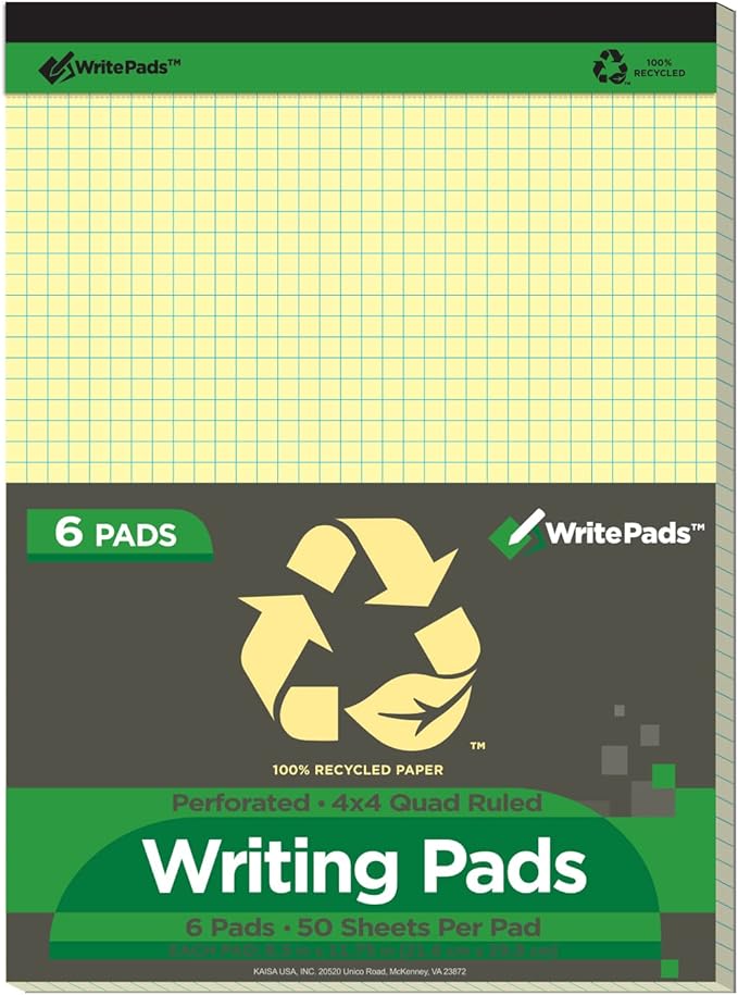 KAISA Quad Legal Pad Writing Pads, 8.5"x11.75" Graph Ruled 8.5x11 Legal Pads Note Pads, 50 Sheets Grid Paper Pads Recycled Notepads, Canary 6 Pads, KSU-7532