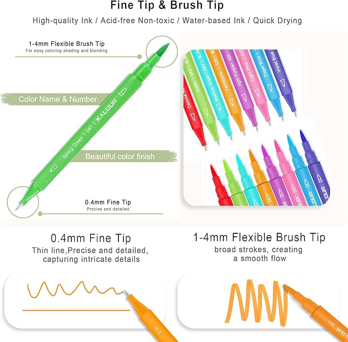 Kalour 72 Colors Art Markers Pens,Dual Tip (Brush and Fine Point),Color Number and Color Name,Art Marker for Coloring Lettering Calligraphy Drawing Journaling,Coloring Art Gift for Adult Beginner Kids
