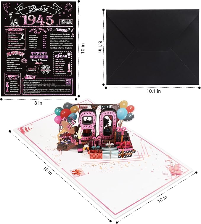 80th Birthday Card for Women, Jumbo 3D Pop Up 80th Birthday Gifts for Mom Grandma, Back In 1945 Happy 80 Year Old Sister Birthday Decorations Cards Card for Her, Rose Gold