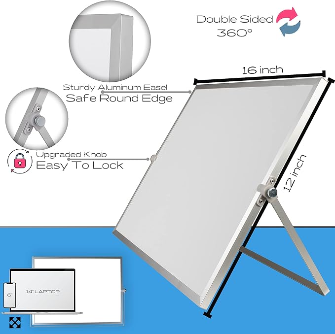 Dry Erase Whiteboard, 16x12in Magnetic Double-Sided Easel, Stand, 10 Markers, 4 Magnets, Eraser Silver
