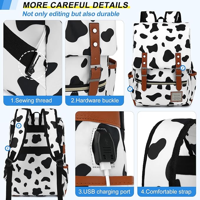 Travel Laptop Backpack Slim Vintage Backpack with USB Charging Port,Water Resistant Business Daypacks College Bag for Men Women,Fits 15.6 Inch Notebook. (Cow)