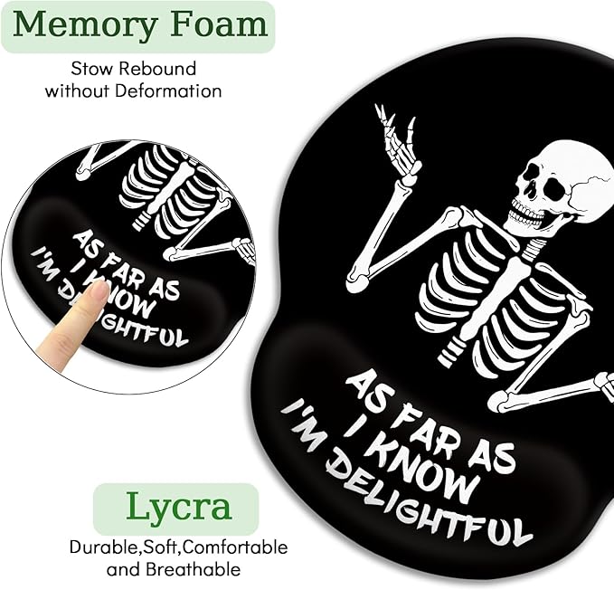 Skeleton Mouse Pad, Ergonomic Mouse Pad with Wrist Rest, Gaming Mouse Pad Wrist Support with Non-Slip Pain Relief PU Base, Funny Skull Mouse Pads for Desk, Goth Office Desk Accessories Decor