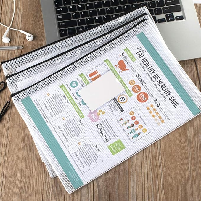 Sooez 20 Pack Mesh Zipper Pouch with Label Pocket, Plastic Zip File Folders, Letter Size A4 Zipper Document Bag for School Office Supplies, Black