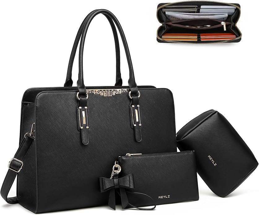 Keyli 4pc Sets Laptop Bag for Women Large Leather Laptop Briefcase with USB Charging Port Computer Shoulder tote Bags Purse