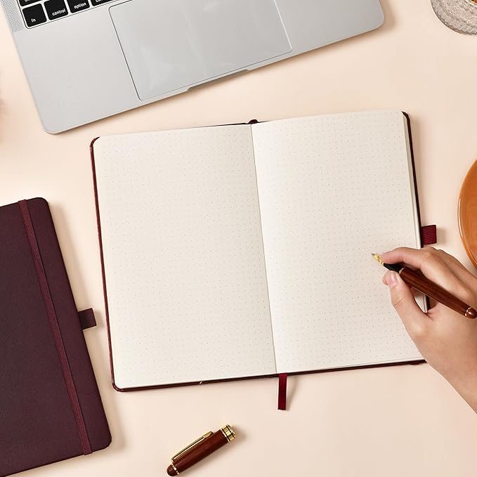 Dotted Journal/Notebook - Dot Grid Hard Cover Notebook, Premium Thick Paper with Fine Inner Pocket, Black Smooth Faux Leather, Pen Loop, 5.3'' x 8.26'' - Brown