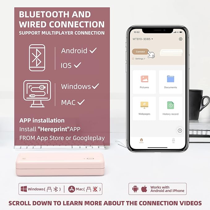 HPRT Wireless Portable Printer - Bluetooth Thermal Printer for Travel, Mobile Office, School, Home Compatible with iOS Android