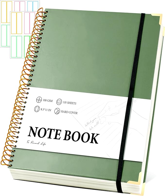 FLYING EAGLE Large Spiral Notebooks for Work School College Ruled Notebook 8.5 x 11 with Tab Stickers A4 Hardcover Journal Note Book for Women Men Writing Note Taking Supplies, 220 Pages, Green