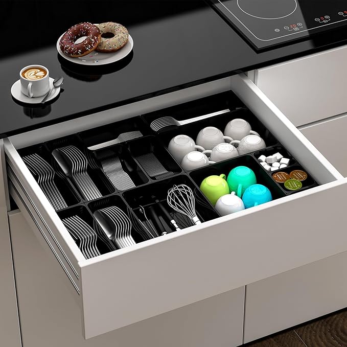 Utility Drawer Organizer Set of 13,With Non-Slip Silicone Pads, 5 Size Small Bins for Organization for Bathroom、Vanity、Nightstan、Kitchen、Office Desk Black Plastic Organizing Containers for Drawers