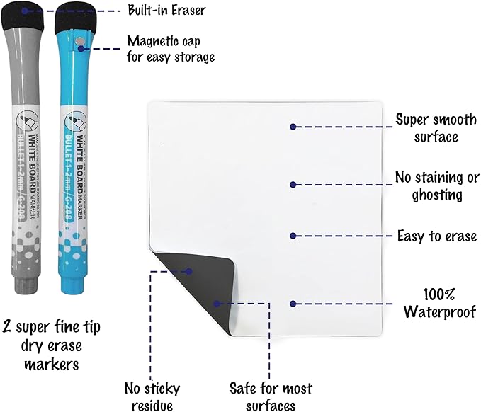 Dry Erase Reusable Sticky Notes - 12 Pack of 4″x4″ Whiteboard Stickers for Lists, Labels, Reminders & Decals - 2 Magnetic Markers - Adheres to Most Surfaces