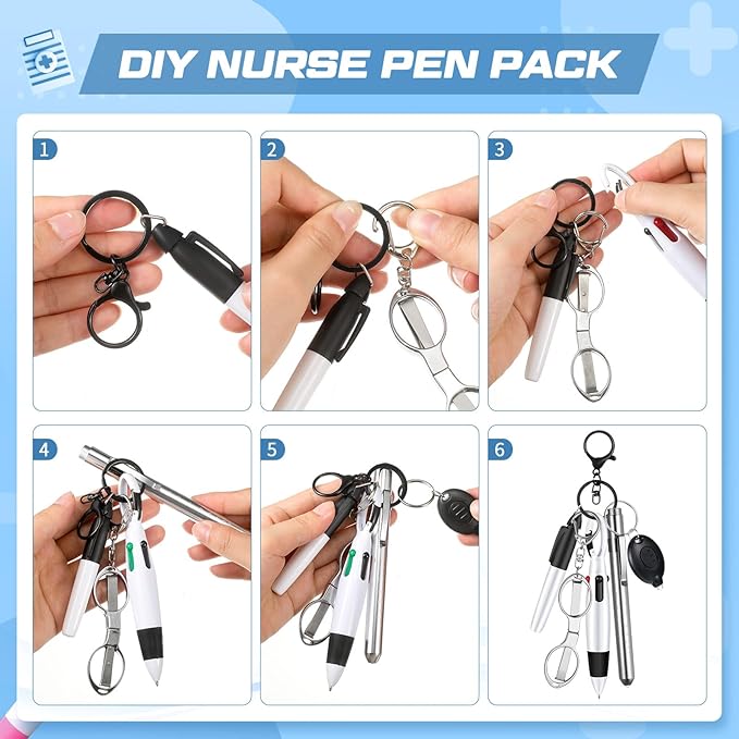 6 Pcs Nurse Pen Set Include Permanent Marker Pen Retractable Ballpoint Pen Keychain Clip Foldable Scissors Lights LED Flashlight Keychain for Nurse Accessories(Silver)