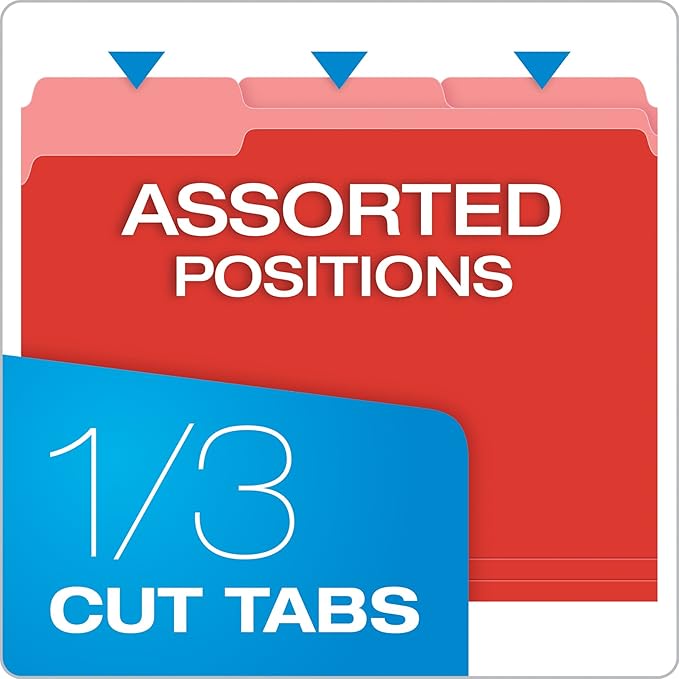 Pendaflex Colored File Folders Letter Size - 100 Pack of 12 Assorted Color Folders for Documents - 1/3-cut Tabs - Manila Office Folders