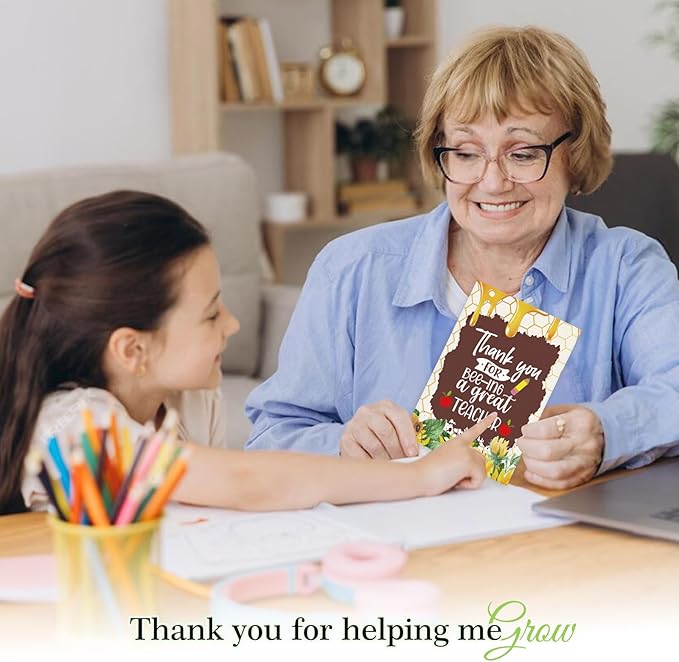 FaCraft Teacher Appreciation Cards, Thank You Cards with Envelopes, 4 x 6,Thank You for Helping Me Grow, for Preschool Kindergarten Teacher Gift Card from Kids Students Daycare (Honey)