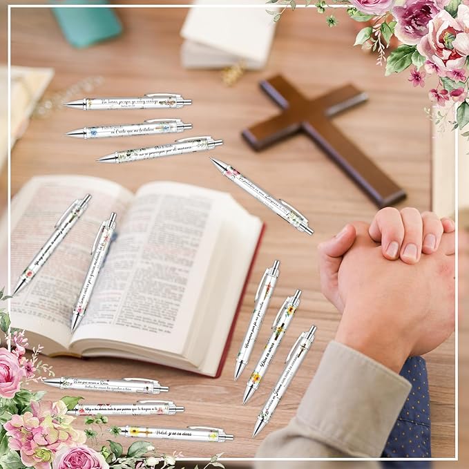 24 Pcs Spanish Christian Pens Regalos Cristianos En Español Bible Verse Ballpoint Pens with Inspirational Quote Spanish Christian Gifts for Religious Church Office School (Wildflower)