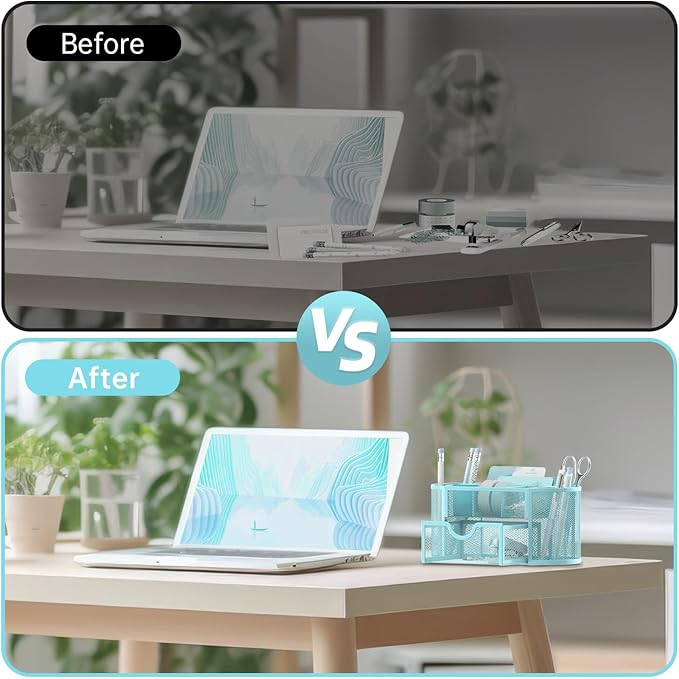 SUPEASY Mesh Desk Organizer, Desk Accessories & Workspace Organizers with Drawers, Pencil Holder for Desk with 9 Compartments for Office Suppliess, 8.6 x 4.3 x 4.1 Inch, Blue