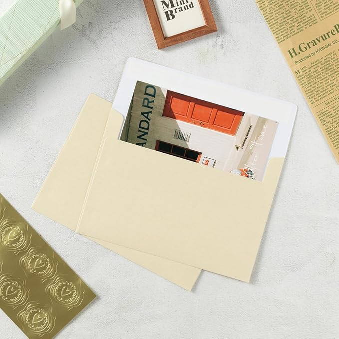 Wishop 50 Pack Shiny Self-Adhesive Envelopes with Shiny Fold Cards for Wedding Invitations, Greeting Cards, Baby Shower, Letter Mailing (Cream Color, 5x7)