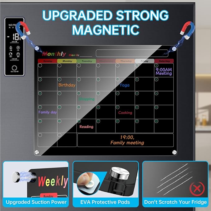 Fridge Calendar Meal Planning Board, Dry Erase Acrylic Magnetic Monthly Weekly Calendar Planner for Refrigerator with 6 Colors Markers (Black-Weekly+Monthly(15.7x11.8))