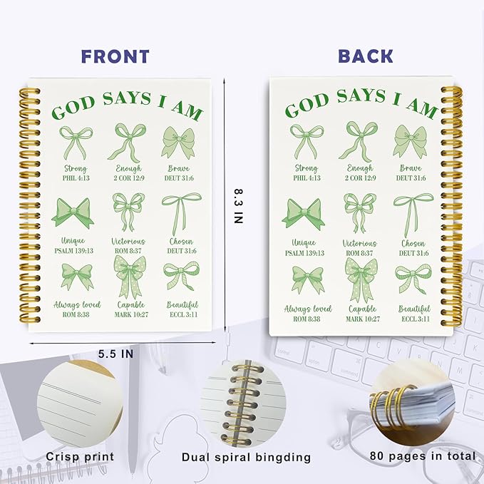 Coquette Green Bows Spiral Bible Notebook,Aesthetic Composition Notebook, God Says I Am Christian Scripture Prayer Journal for Women, Hardcover Spiral Notebooks College Ruled 5.5 x 8.3 (Green)