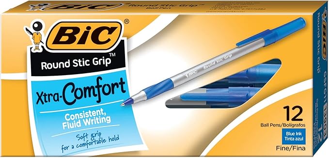 BIC Round Stic Grip Xtra-Comfort Fine Ball Point Pen; Blue; 12 Pack