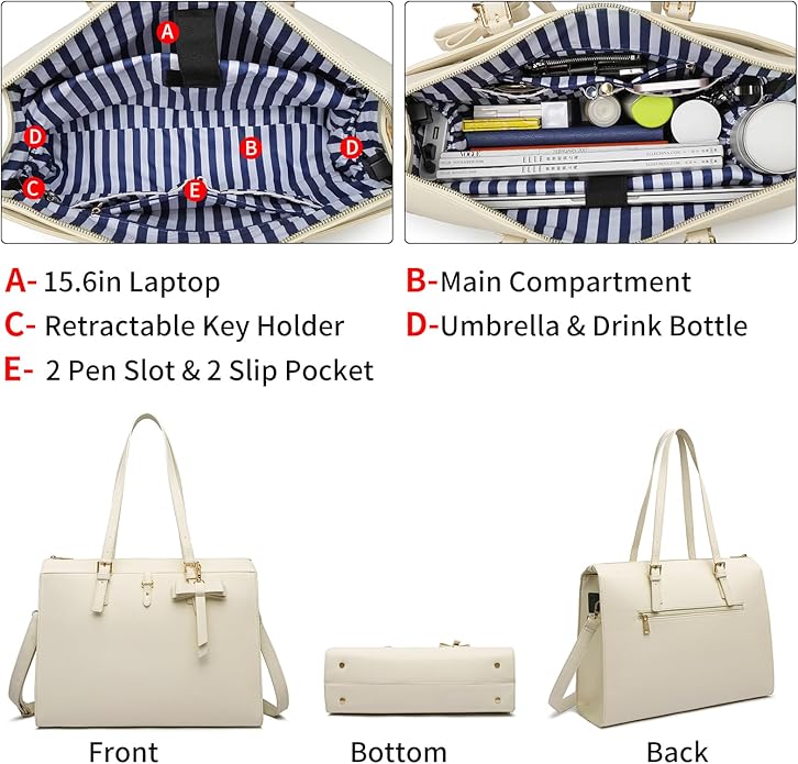 Keyli 4pc Sets Laptop Bag for Women Large Leather Laptop Briefcase with USB Charging Port Computer Shoulder tote Bags Purse