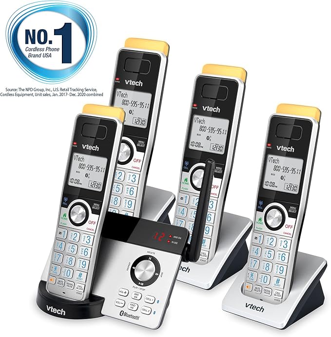 VTech IS8121-4 Super Long Range up to 2300 Feet DECT 6.0 Bluetooth 4 Handset Cordless Phone for Home with Answering Machine, Call Blocking, Connect to Cell, Intercom and Expandable to 5 Handsets