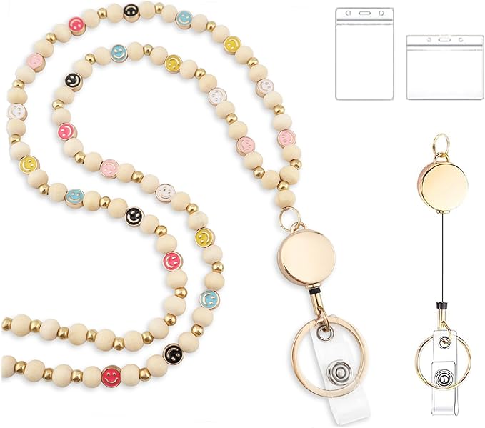 Smile Teacher Lanyard for Women with Retractable ID Badge Reel and Keychain Cute Happy Beads Lanyard
