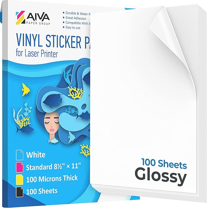 Printable Vinyl Sticker Paper for Laser Printer - Glossy White - 100 Self-Adhesive Sheets - Waterproof Decal Paper - Standard Letter Size 8.5"x11"