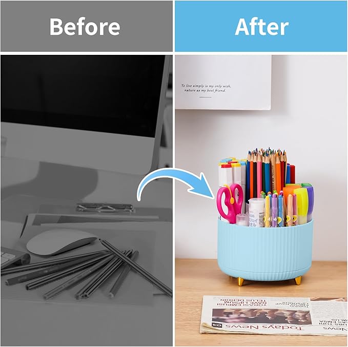 Marbrasse Desk Organizer, 360-Degree Rotating Pen Holder for Desk, Desk Organizers and Accessories with 5 Compartments Pencil Organizer, Art Supply Storage Box Caddy for Office, Home (Light Blue)
