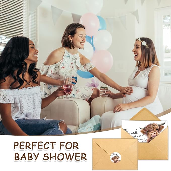 25Pcs Highland Cow Thank You Cards with Envelopes, 4x6 In Farm Cute Watercolor Design Highland Cow Greeting Cards Sympathy Cards Bulk for Wedding, Baby & Bridal Shower - with Sticker