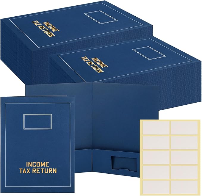 Kisston 50 Pcs Tax Return Folders Bulk 2 Pocket Gold Foil Stamped Income Tax Folders with Blank Labels Business File Office Organizer (Blue)