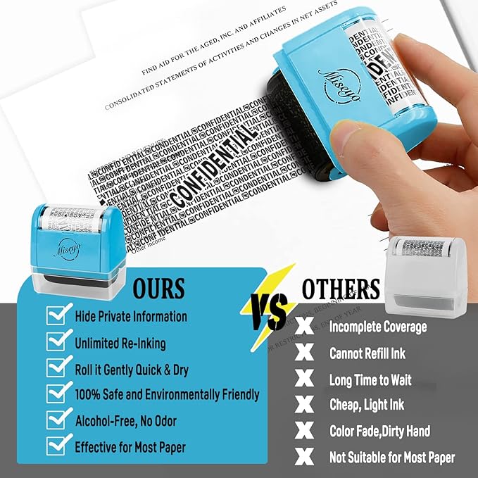 Miseyo Wide Roller Stamp Identity Theft Stamp 1.5 Inch Perfect for Privacy Protection - Blue